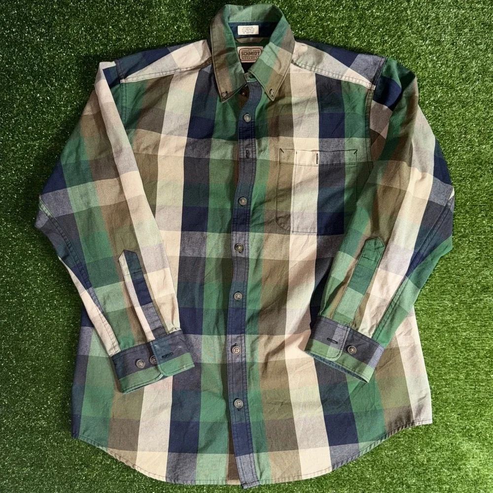 CE Schmidt Workwear Mens Medium Green Plaid Button Down Long Sleeve Shirt Cotton